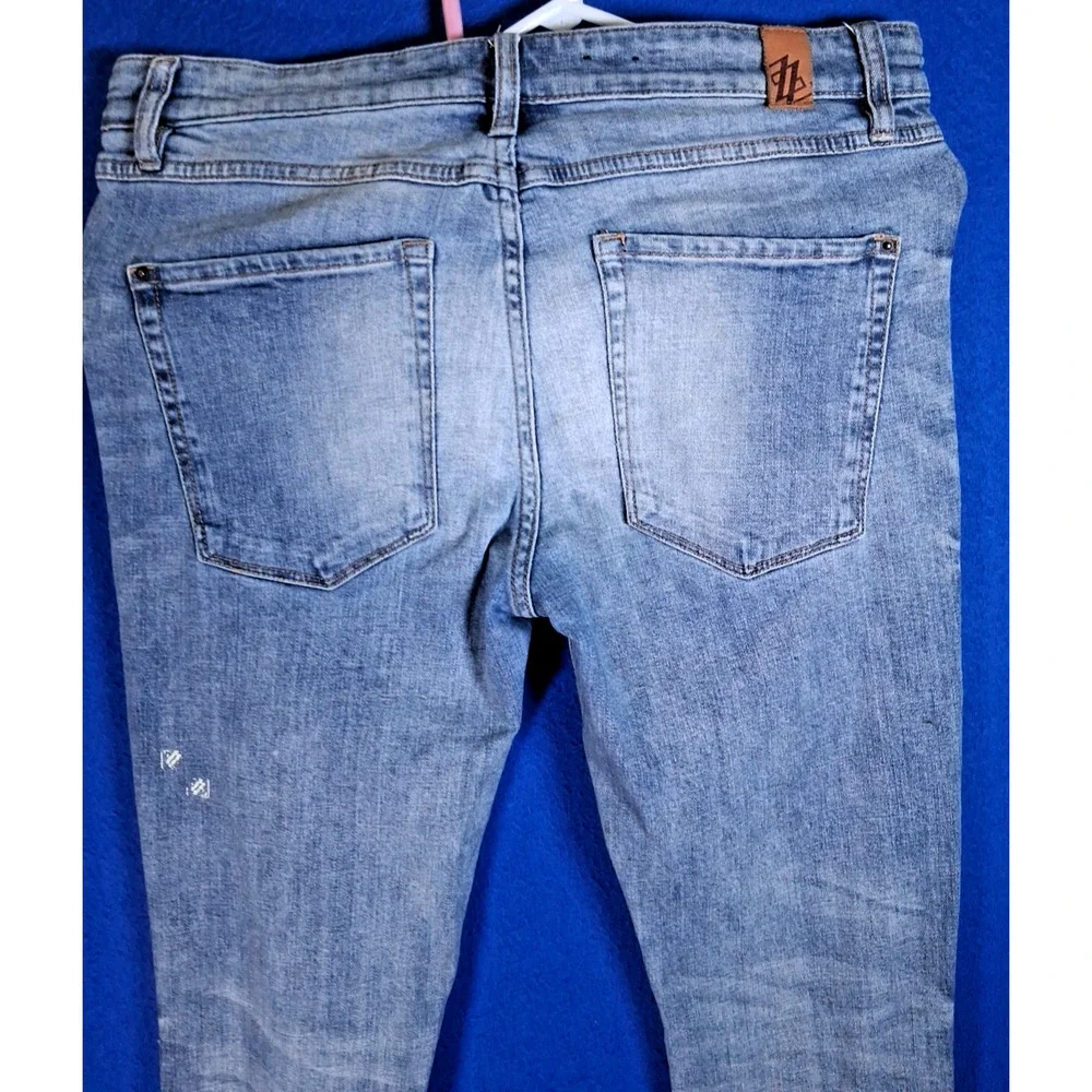 Shabaz Brothers Mens Skinny Jeans 34 Distressed Ripped Paint Splatter Blue Denim
